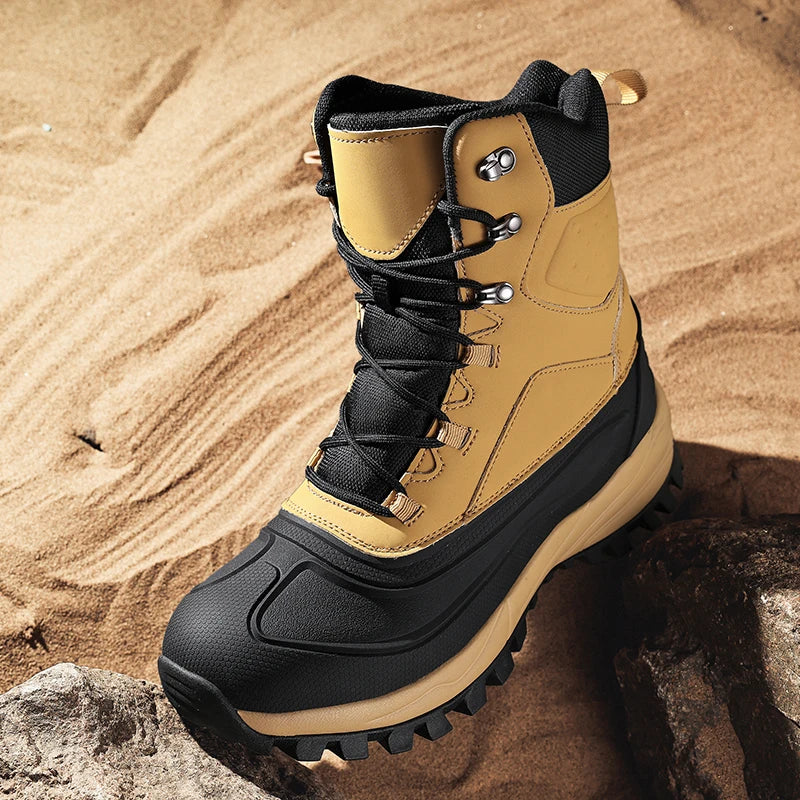 Men's Winter High-Top Snow Boots with Fleece Lining Thickened Waterproof Non-Slip Warm and Cold-Resistant Cotton Hiking Shoes