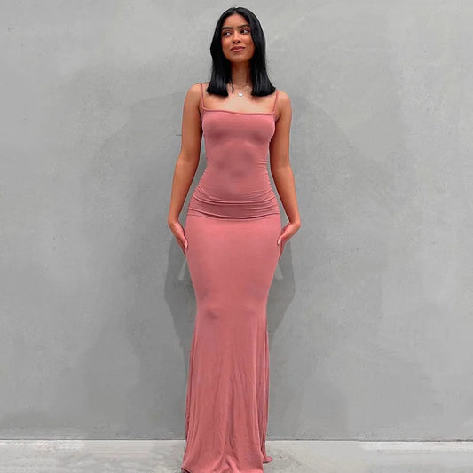 Europe and the United States cross-border foreign trade women 2024 solid color sexy slim high step slip dress