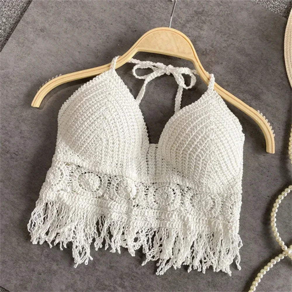 Sexy Y2K Streetwear Knit Backless Boho Crop Tops Women Summer Beach Hollow Out Crochet Tassels Hem Halter Bras Bustier Tank Top