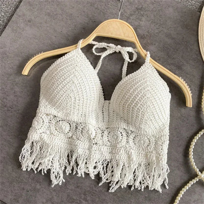 Sexy Y2K Streetwear Knit Backless Boho Crop Tops Women Summer Beach Hollow Out Crochet Tassels Hem Halter Bras Bustier Tank Top