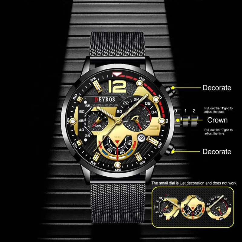 2023 Fashion Mens Business Watches Luxury Stainless Steel Mesh Belt Quartz Wrist Watch Luminous Clock Men Casual Calendar Watch