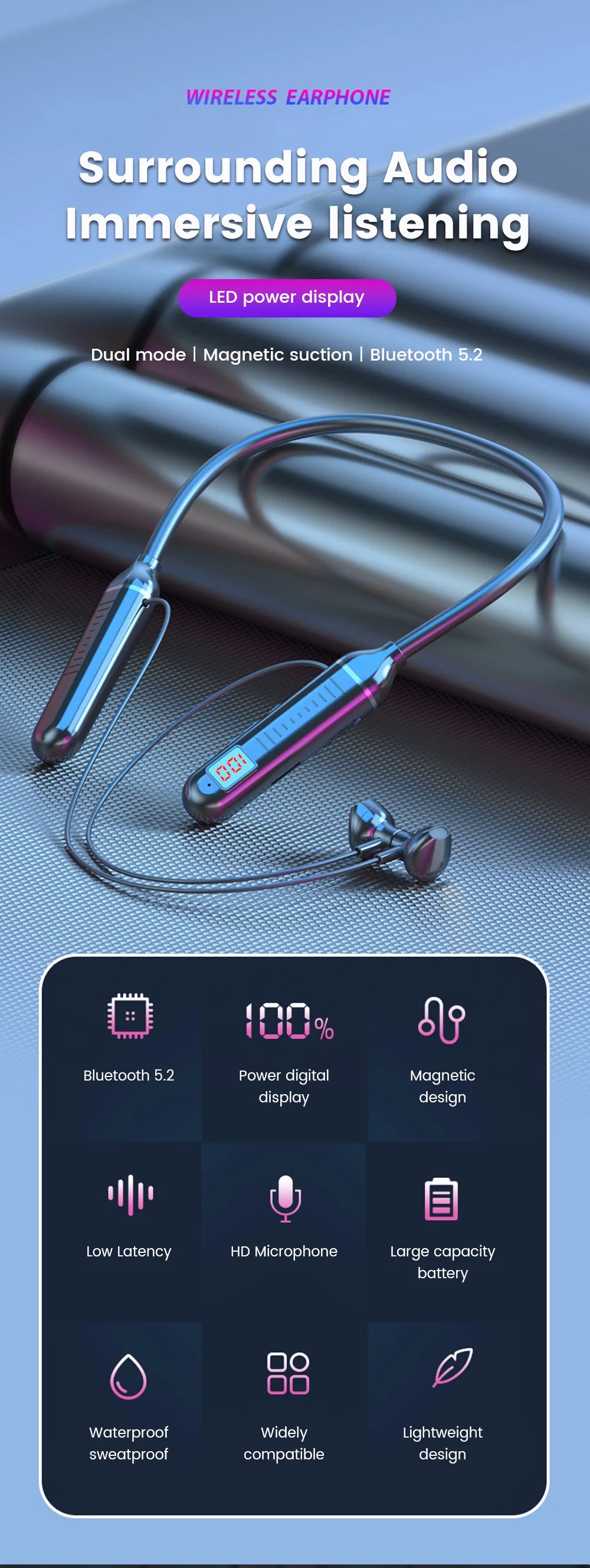 K58 Wireless Earphones Bluetooth 5.3 Neckband Headphones Gaming LED Display HIFI Headset Sports TWS Earbuds With Mic TF Card