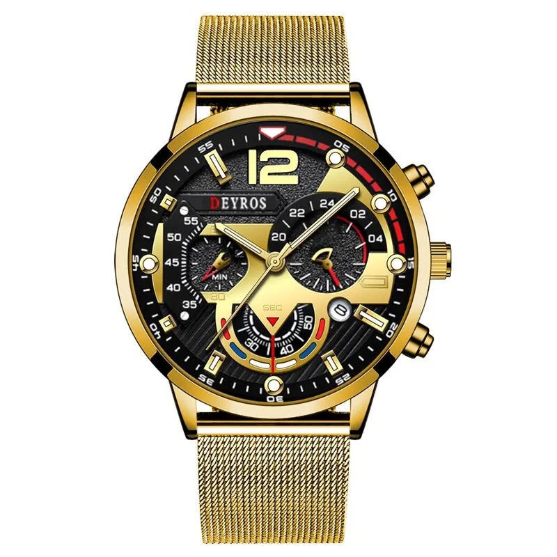 2023 Fashion Mens Business Watches Luxury Stainless Steel Mesh Belt Quartz Wrist Watch Luminous Clock Men Casual Calendar Watch