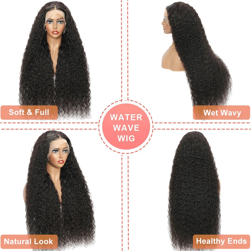 13x6 HD Lace Frontal Wigs Water Wave Pull Go Glueless Wig Human Hair 360 Full Lace Wig with Invisible Elastic Drawstring