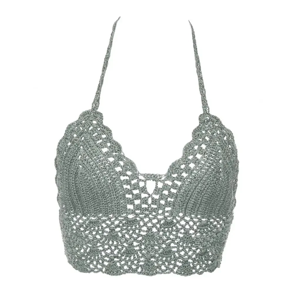 New Sexy Bikini Crop Top Crochet Boho Beach Camisoles Bikini Bralette Halter Cami Knitted Bra Women Backless Beachwear Tank Top