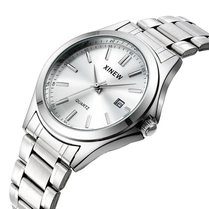 Genuine XINEW Brand Men Watches Students Fashion Casual Full Stainless Steel Band Simple Date Quartz Wrist Vintage Watch Silver