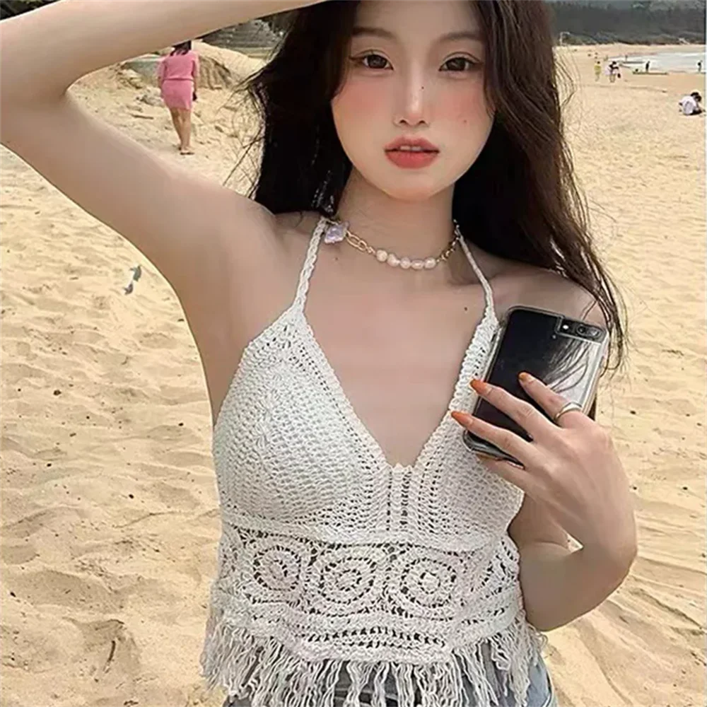 Sexy Y2K Streetwear Knit Backless Boho Crop Tops Women Summer Beach Hollow Out Crochet Tassels Hem Halter Bras Bustier Tank Top