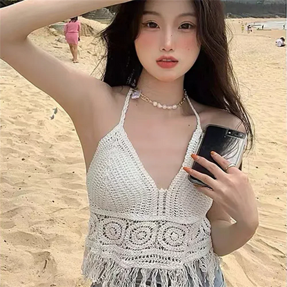 Sexy Y2K Streetwear Knit Backless Boho Crop Tops Women Summer Beach Hollow Out Crochet Tassels Hem Halter Bras Bustier Tank Top