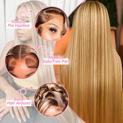 P4/27 Highlight Bone Straight 13x4 HD Lace Frontal Wigs Human Hair Brazilian Ombre Honey Blonde Colored Human Hair Wig For Women