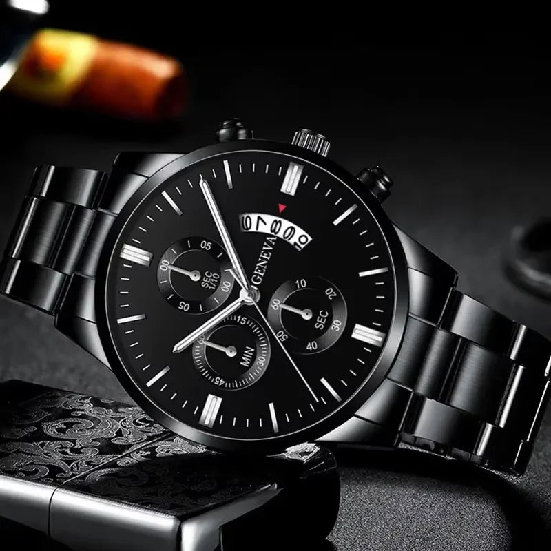 3PCS Men's Watch Set Business Trend Classic Round Dial Quartz Watch Bracelet Necklace Set Perfect Gift for Friends or Dad