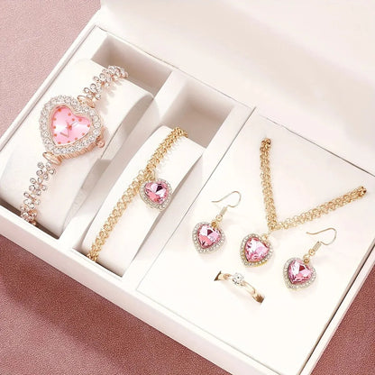 6pcs Women's Watch Rhinestone Heart Pointer Quartz Watch Cute Bracelet Wrist Watch & Jewelry Set, Gift For Her