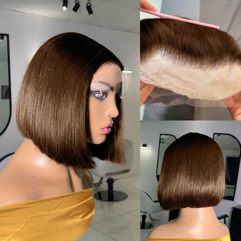 Brazilian 200 Density Short Bob 13x4 HD Transparent Lace Front Human Hair Wig Chocolate Brown Straight 13x5 Lace Frontal Wigs