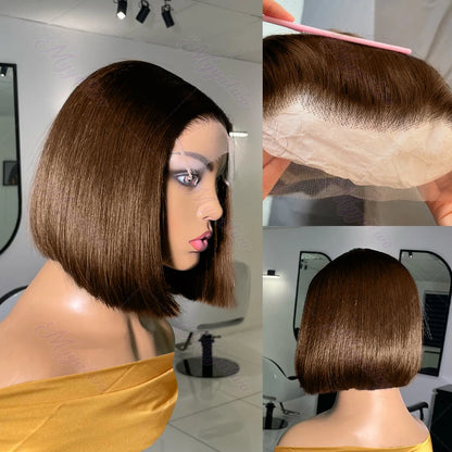 Brazilian 200 Density Short Bob 13x4 HD Transparent Lace Front Human Hair Wig Chocolate Brown Straight 13x5 Lace Frontal Wigs
