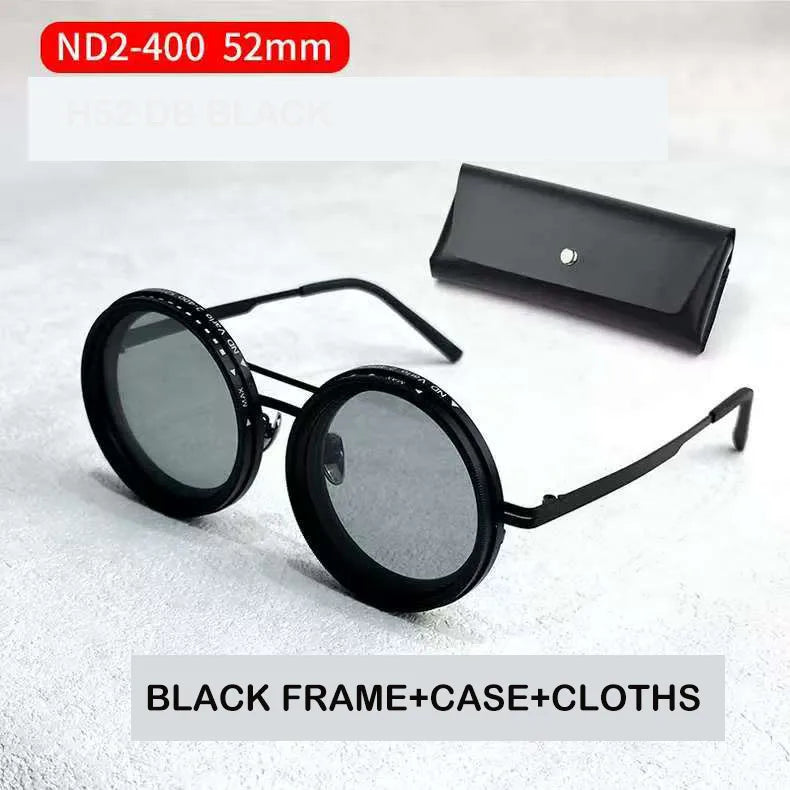 ND2-400 9 Level Adjustable Dimming Polarized Fishing Round Men Sunglasses Vintage Punk Driving Sunglasses Gift Hard Case