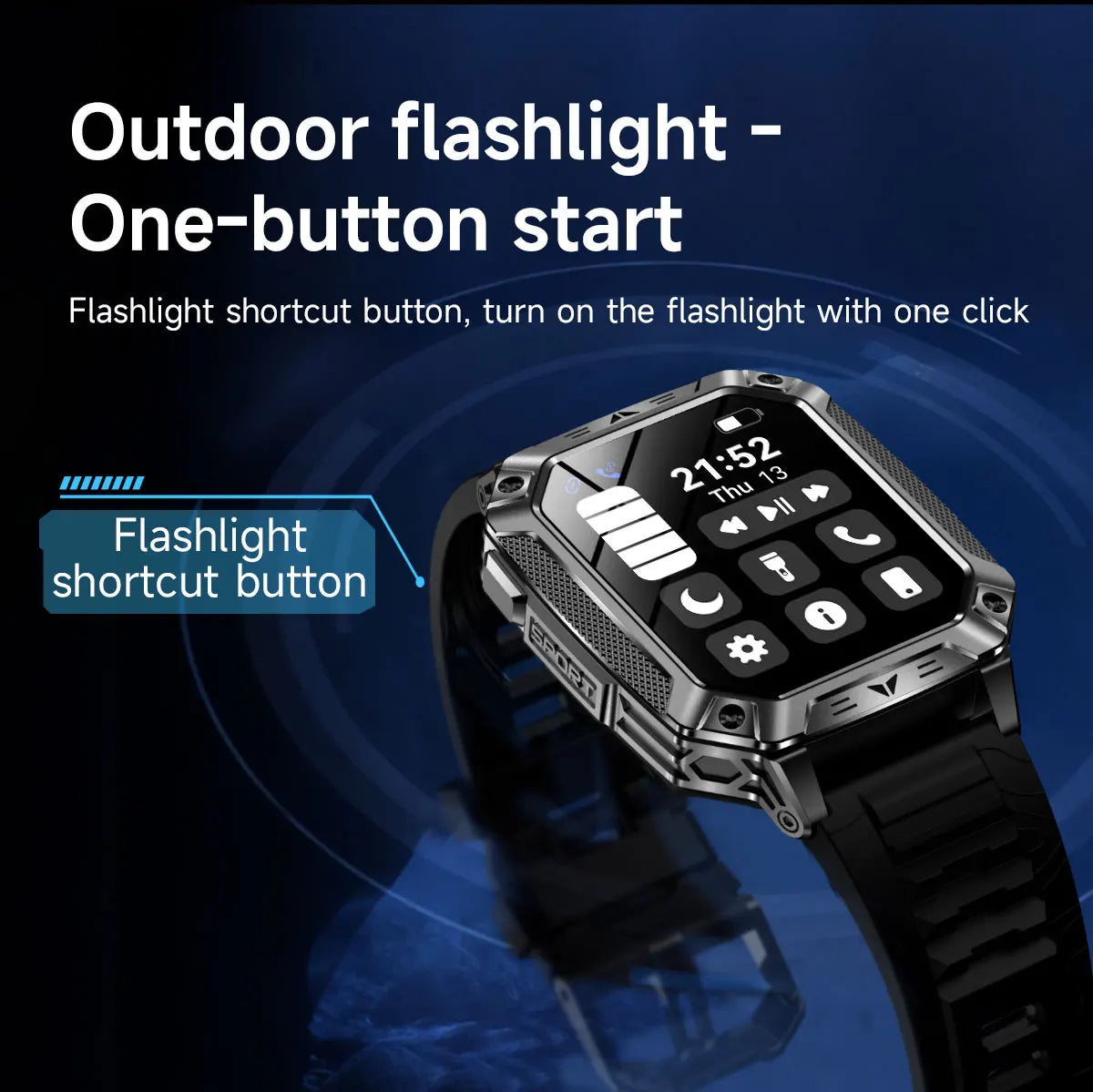Robust military smart watch 1400Mah battery fitness tracking 10ATM waterproof tactical sports flashlight men's phone watch