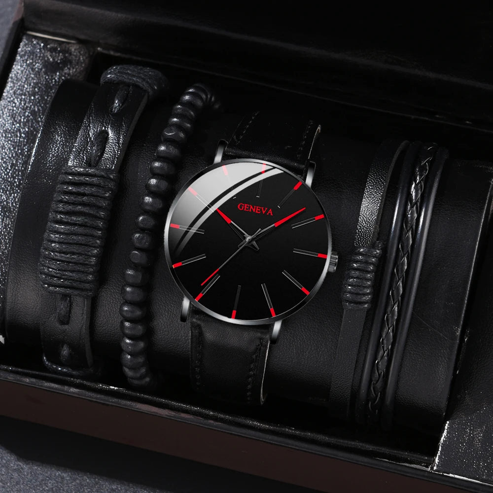 New Men's Watch Luxury Bracelet Multi Piece Set Fashion Business Black Leather Quartz Watch Men's Gift Set Reno Masculino