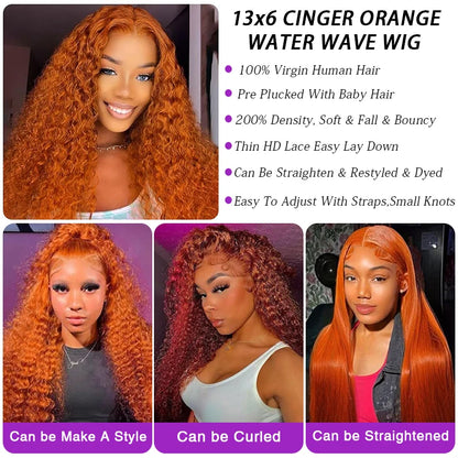 13x6 Water Wave Orange Ginger Lace Front Wig Human Hair 30 38 Inch 13x4 Deep Wave Lace Front Wigs Orange Curly Human Hair Wig