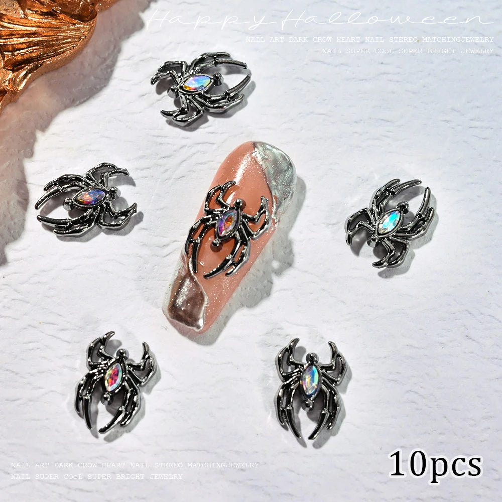 10pcs Halloween Spider Rhinestone 3D Alloy Retro Punk Spider Nail Charms Halloween Nail Art Jewelry Gems for Manicure Decoration