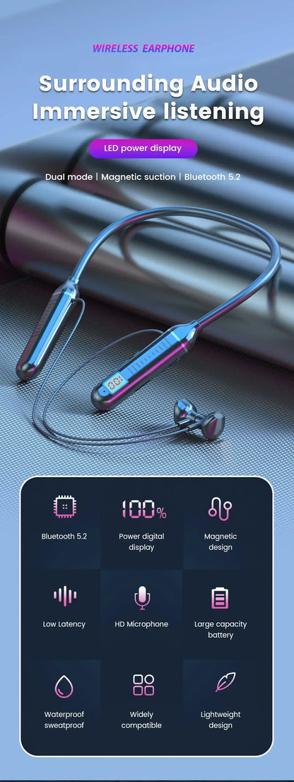Bluetooth 5.2 Earphones Neckband Headphones TWS Wireless Headsets HiFi Stereo LED Digital Display Dual Mode Waterproof Earbuds