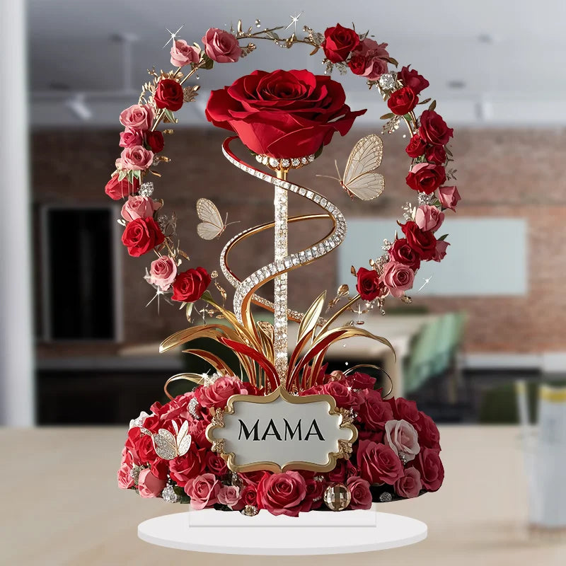 Ornamento acrílico 2d rosa vermelha mãe padrão rosas mãe plana elegante mesa decora filial criança para mãe presentes