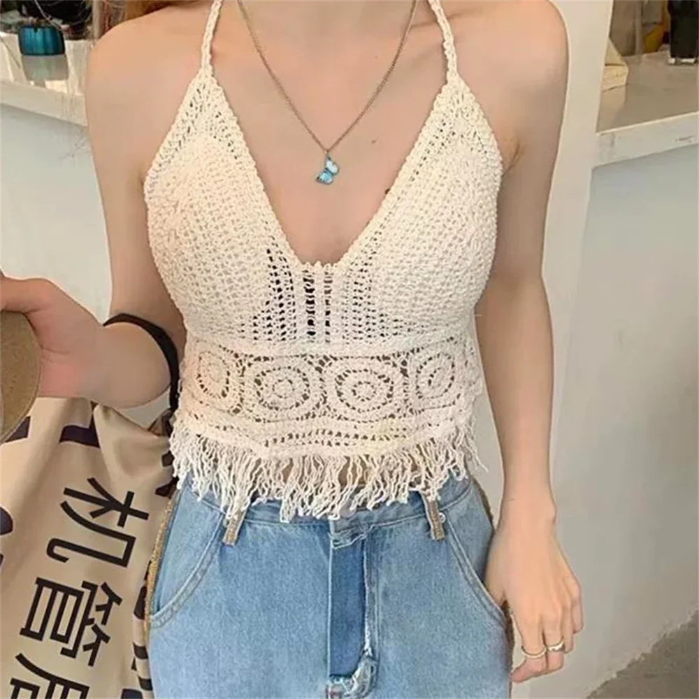 Sexy Y2K Streetwear Knit Backless Boho Crop Tops Women Summer Beach Hollow Out Crochet Tassels Hem Halter Bras Bustier Tank Top
