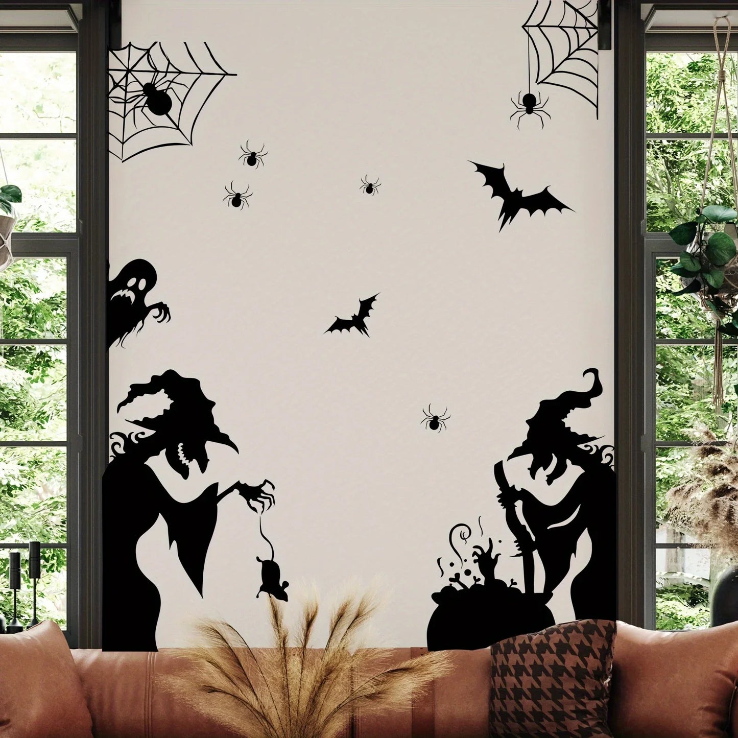 Large Halloween Window Sticker Decoration - Terror Witches, Ghosts, Bats, and Spider Webs Electrostatic Adsorption Stickers