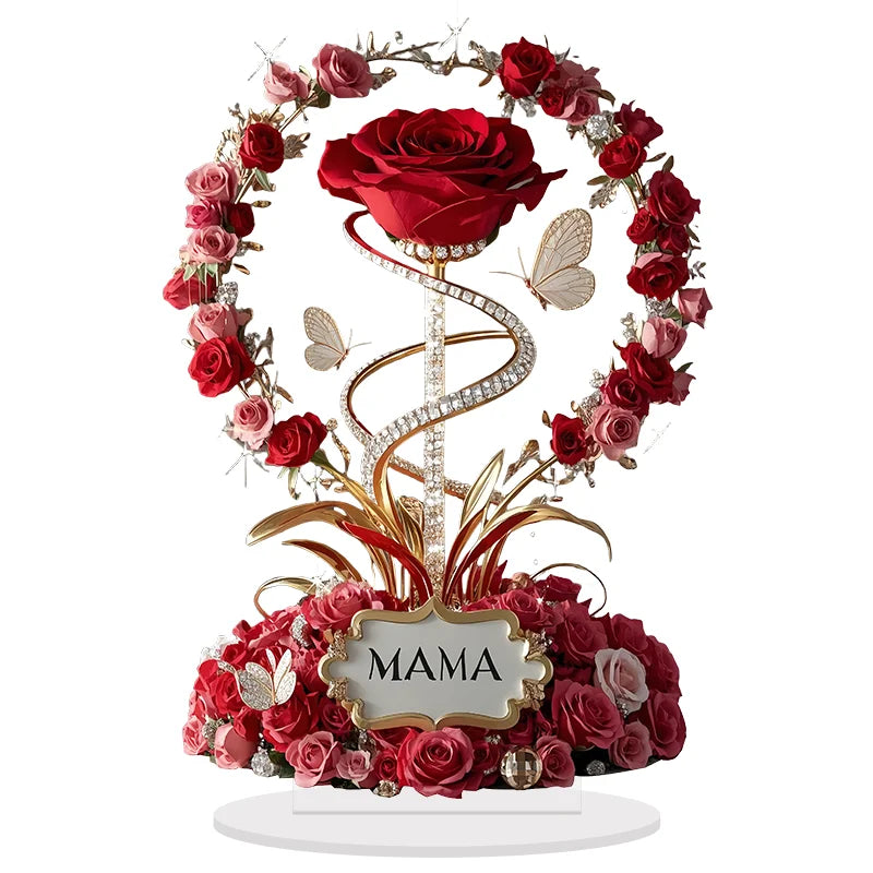 Ornamento acrílico 2d rosa vermelha mãe padrão rosas mãe plana elegante mesa decora filial criança para mãe presentes