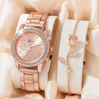 5 PCS Set Gold Watch Women Luxury Ring Necklace Earrings Rhinestone Fashion Wristwatch Female Casual Watches Bracelet Set