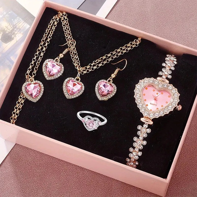 6pcs Women's Watch Rhinestone Heart Pointer Quartz Watch Cute Bracelet Wrist Watch & Jewelry Set, Gift For Her
