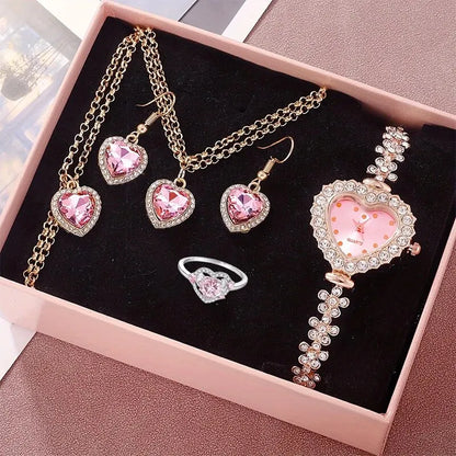 6pcs Women's Watch Rhinestone Heart Pointer Quartz Watch Cute Bracelet Wrist Watch & Jewelry Set, Gift For Her