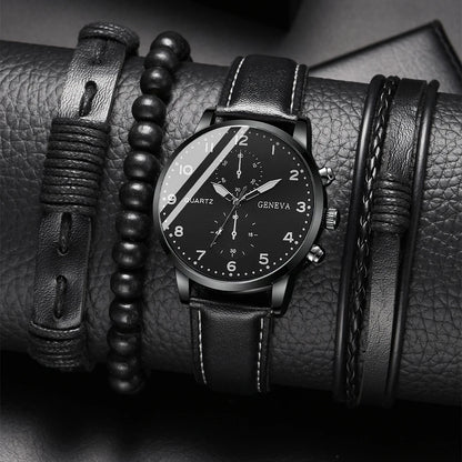 New Men's Watch Luxury Bracelet Multi Piece Set Fashion Business Black Leather Quartz Watch Men's Gift Set Reno Masculino