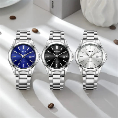 Genuine XINEW Brand Men Watches Students Fashion Casual Full Stainless Steel Band Simple Date Quartz Wrist Vintage Watch Silver