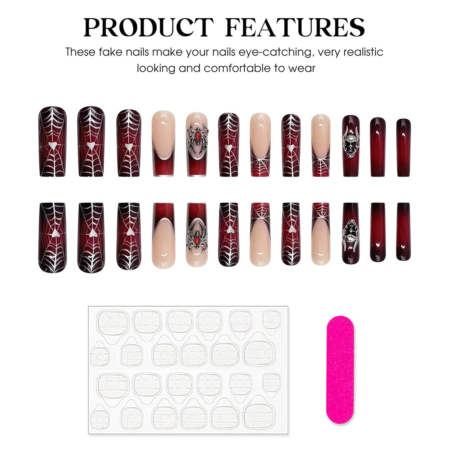 24pcs Punk Metal Style Halloween Fake Nails Long Press On Nails With 3D Silver Spider Decor Ballerina Spider Web False Nails Art