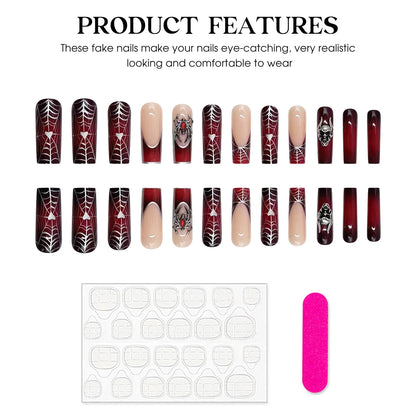 24pcs Punk Metal Style Halloween Fake Nails Long Press On Nails With 3D Silver Spider Decor Ballerina Spider Web False Nails Art