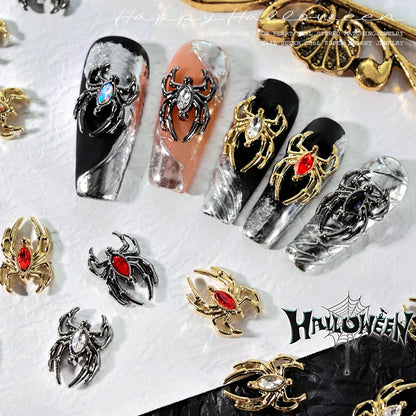 10pcs Halloween Spider Rhinestone 3D Alloy Retro Punk Spider Nail Charms Halloween Nail Art Jewelry Gems for Manicure Decoration