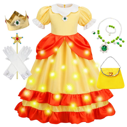 Game Princess Daisy Cosplay Costume Girls Cute Lolita LED Light Flashing Dress Fancy Halloween Carnival Wig Uniforms Clothing
