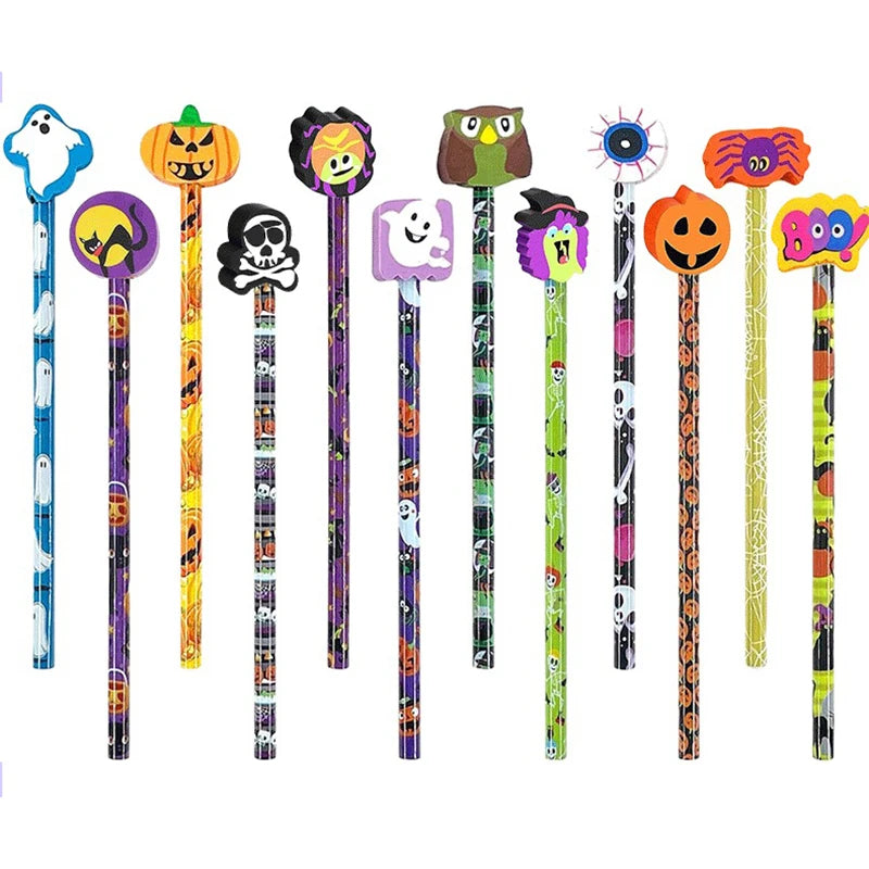 12~36pcs Halloween Style Pencils Random Design HB Pencil Cartoon Eraser Halloween Themed Stationery Students Gift Boys Girls ZYF