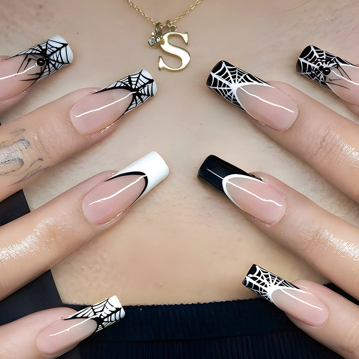 24pcs Punk Metal Style Halloween Fake Nails Long Press On Nails With 3D Silver Spider Decor Ballerina Spider Web False Nails Art