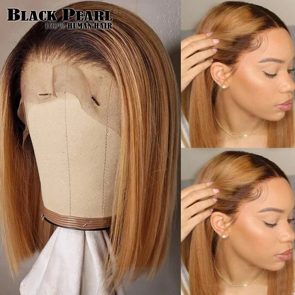 Ombre Straight Bob 13x6X2 Lace Front Wigs Human Hair Short Bob Wigs Ash Blonde Remy Hair Pre Plucked Glueless Wig with Bangs