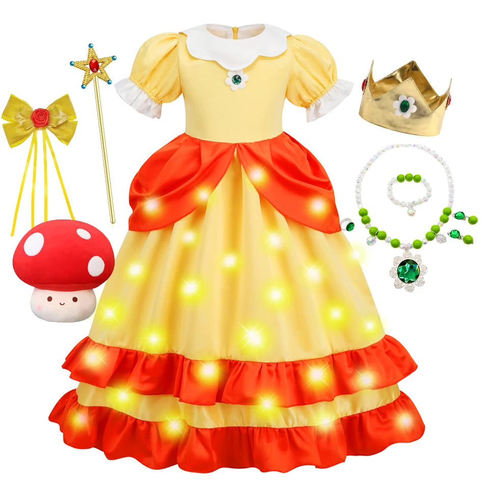 Game Princess Daisy Cosplay Costume Girls Cute Lolita LED Light Flashing Dress Fancy Halloween Carnival Wig Uniforms Clothing