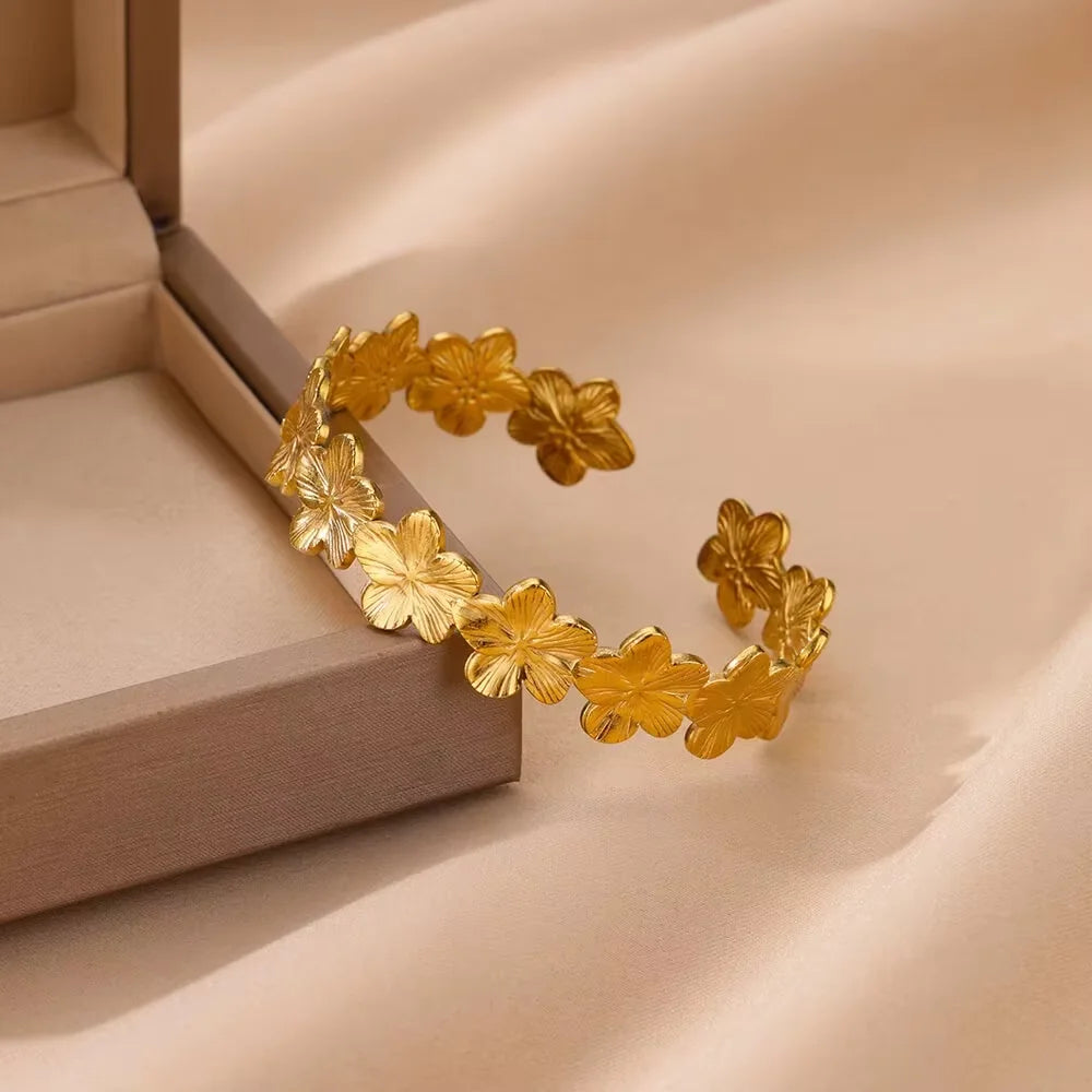 Stainless Steel Bracelet For Women Men Aesthetic Flower Leaf Bangle Opening Gold Color Geometric Bangles Bracelets Femme Jewelry