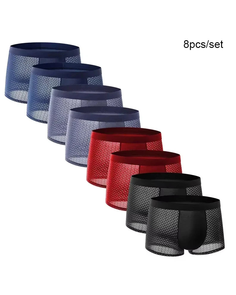 8pcs/set Men's Underwear Ice Silk Mesh Men Panties Breathable Traceless  Fashion Panties Male Solid Color Boxer Shorts