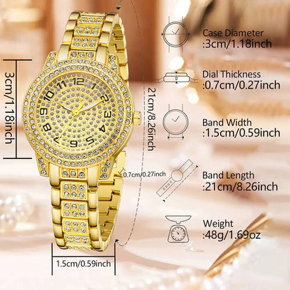 6Pcs Fashion Luxury Women Watch Necklace Earrings Ring Set For Women Rhinestone Wristwatch Bracelet Set Valentine's Day Gift