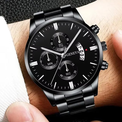3PCS Men's Watch Set Business Trend Classic Round Dial Quartz Watch Bracelet Necklace Set Perfect Gift for Friends or Dad
