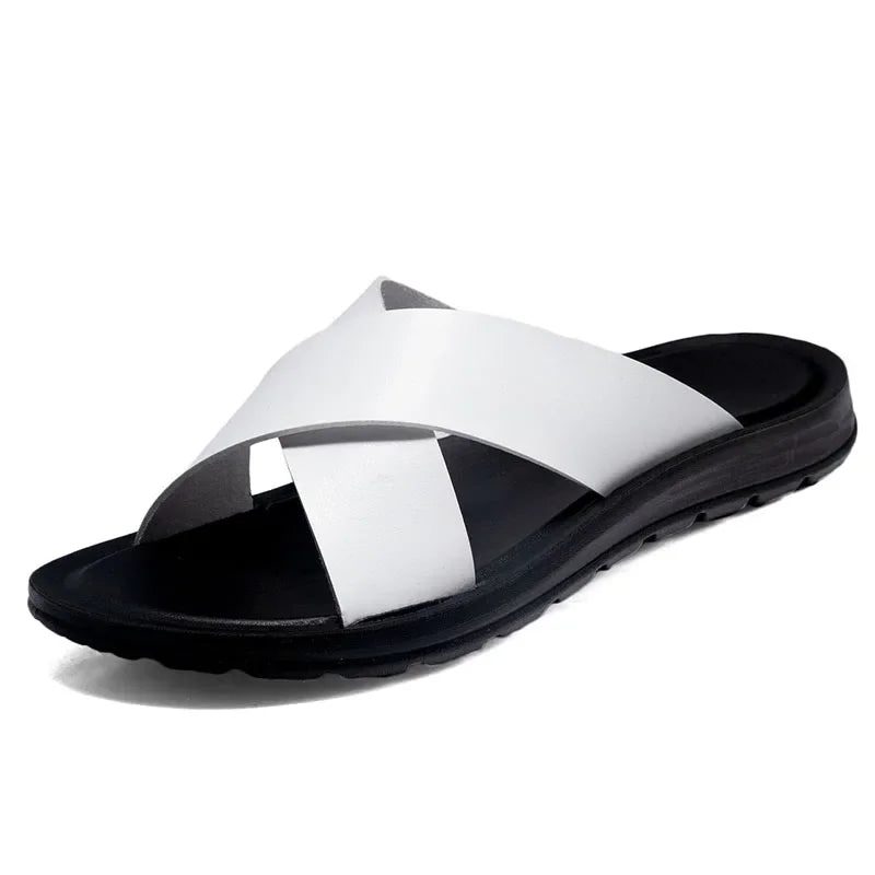 Men Shoes New  Summer Shoes Italian Leather Slippers Men High Quality Size 38-47 Beach Slip on Flats Man Flip Flops Mens Sandals