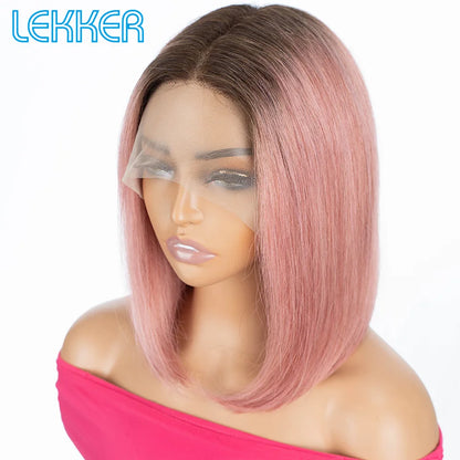 Lekker Ombre Blonde Short Straight Bob 13x1 T Lace Front 100% Human Hair Wigs For Women Glueless Brazilian Remy Hair Colored Wig