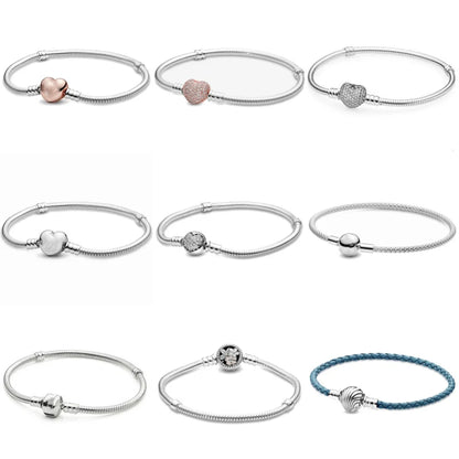 Hot Selling Fashion 925 Sterling Silver Heart Flower Round Clasp Snake Chain Bracelet Bracelets For Bead Charm Jewelry Marking