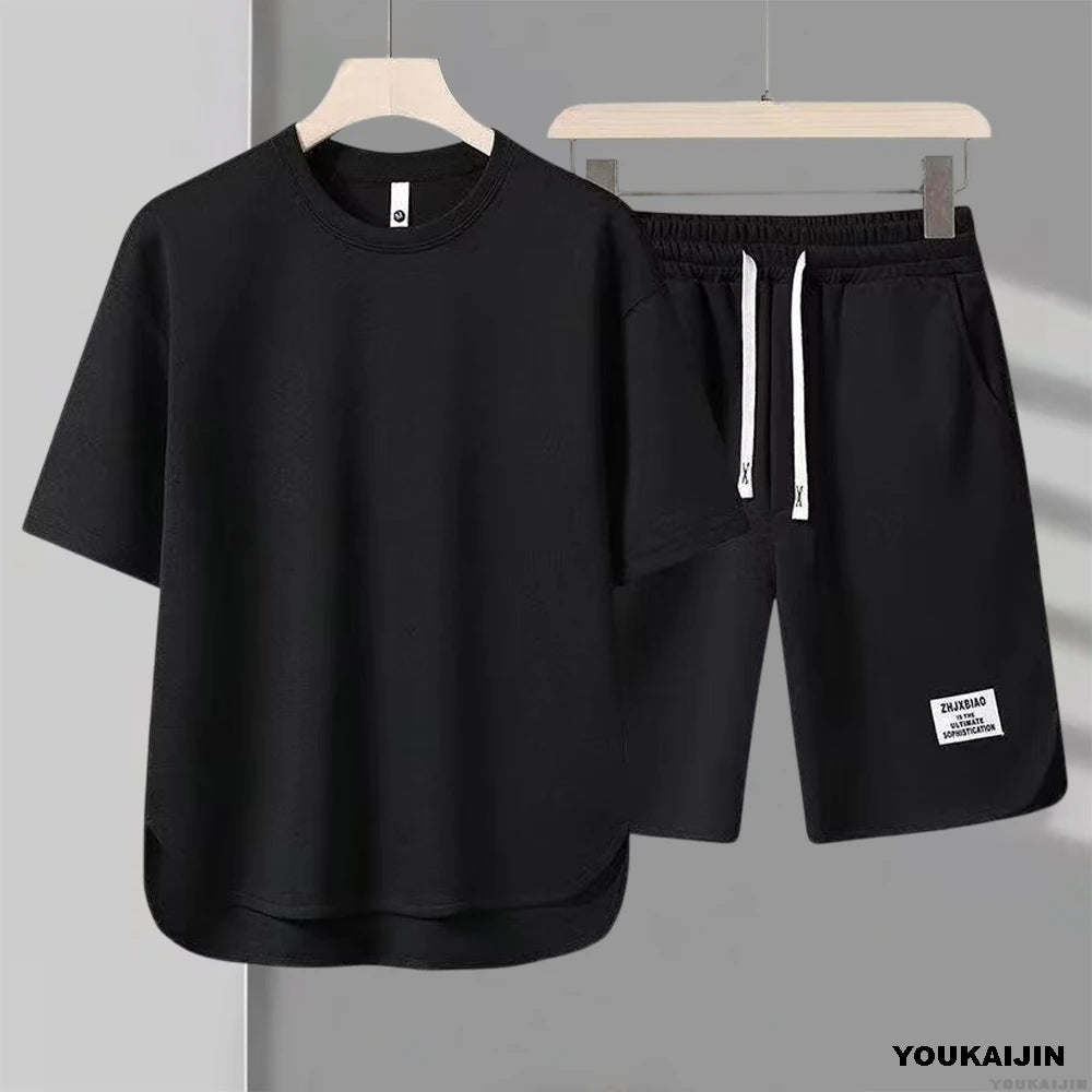 Men's New Waffle Summer Suit 2025 Korean Casual T-shirt + Shorts Suit Men's Tracksuit Solid Color Tracksuit Loose Suit