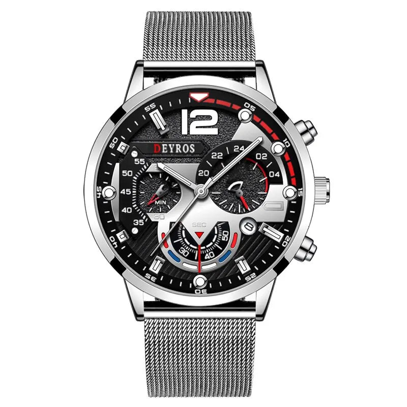 2023 Fashion Mens Business Watches Luxury Stainless Steel Mesh Belt Quartz Wrist Watch Luminous Clock Men Casual Calendar Watch