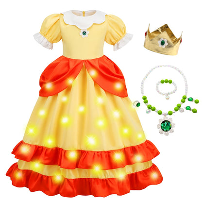 Game Princess Daisy Cosplay Costume Girls Cute Lolita LED Light Flashing Dress Fancy Halloween Carnival Wig Uniforms Clothing